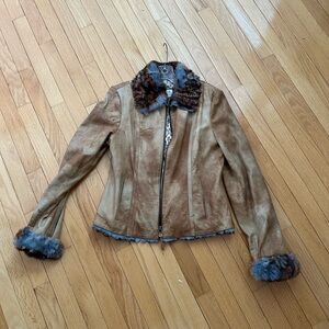 Brown & Blue Genuine Fur Trimmed Women's Leather Jacket